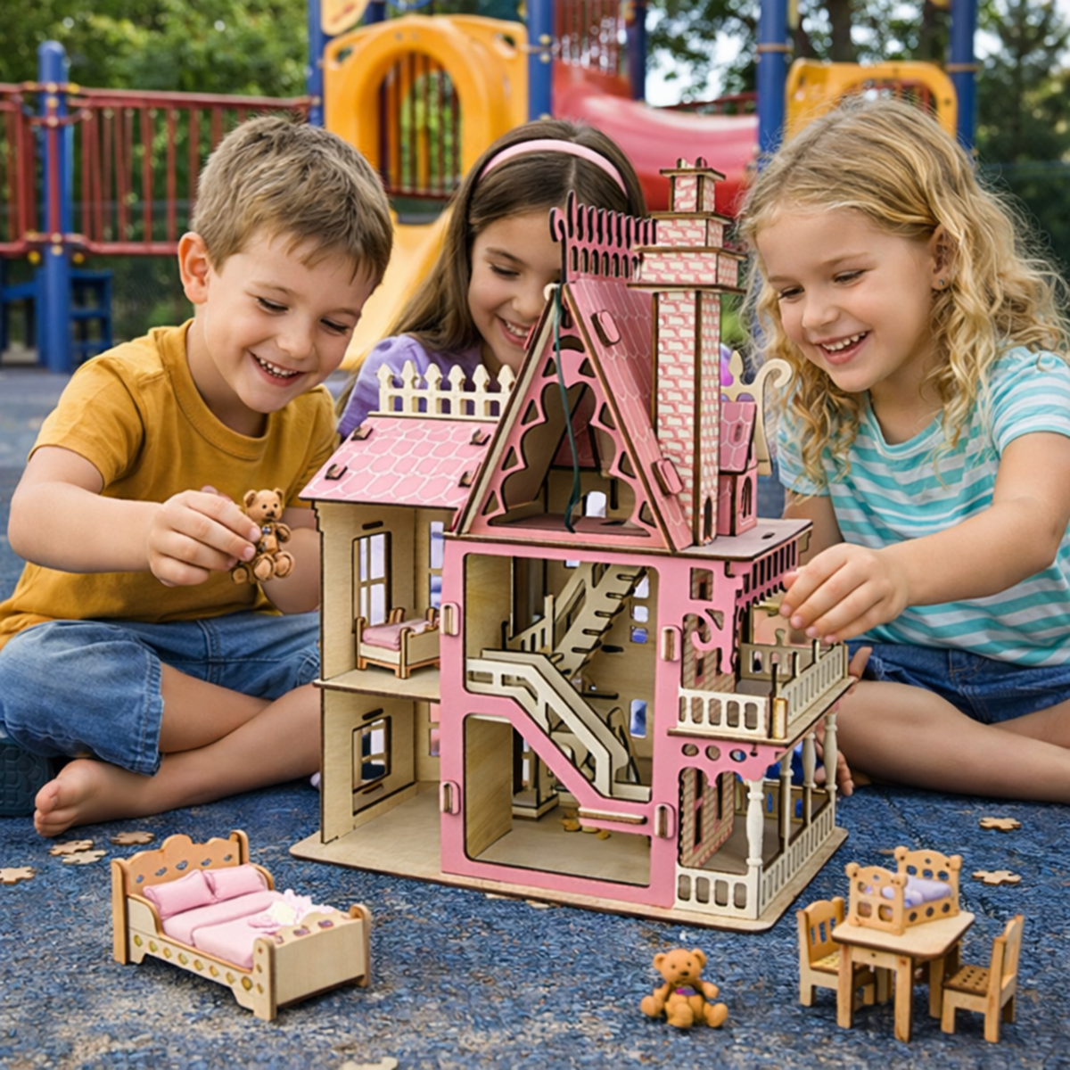 Miniature Villa Dollhouse 3D Puzzle – DIY Wooden Doll House Model with Furniture for Kids Pretend Play