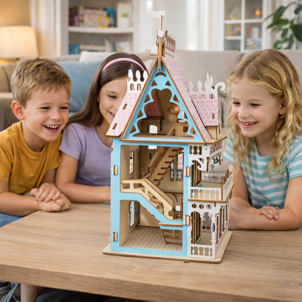 Miniature Villa Dollhouse 3D Puzzle – DIY Wooden Doll House Model with Furniture for Kids Pretend Play