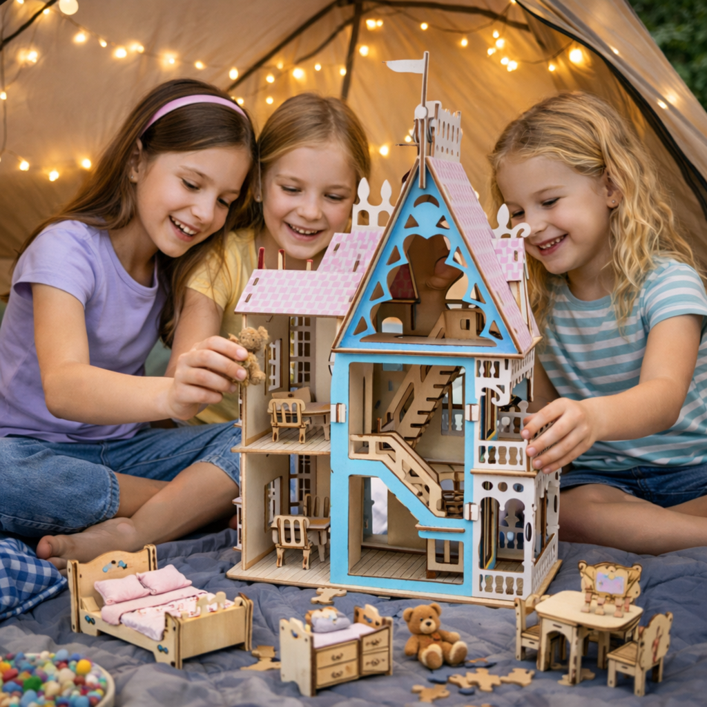 Miniature Villa Dollhouse 3D Puzzle – DIY Wooden Doll House Model with Furniture for Kids Pretend Play