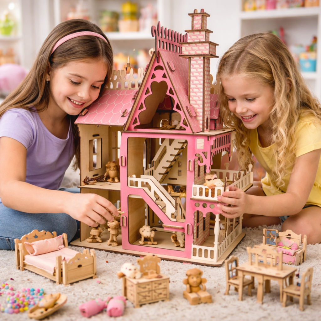 Miniature Villa Dollhouse 3D Puzzle – DIY Wooden Doll House Model with Furniture for Kids Pretend Play