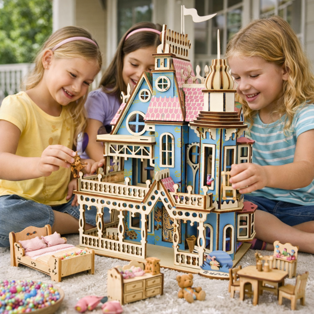 Miniature Villa Dollhouse 3D Puzzle – DIY Wooden Doll House Model with Furniture for Kids Pretend Play