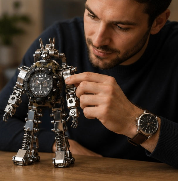 Mechanical Metal Watch Stand Model - 3D DIY Robot Building Kit for Creative Desktop Decoration and Unique Birthday Gift Display