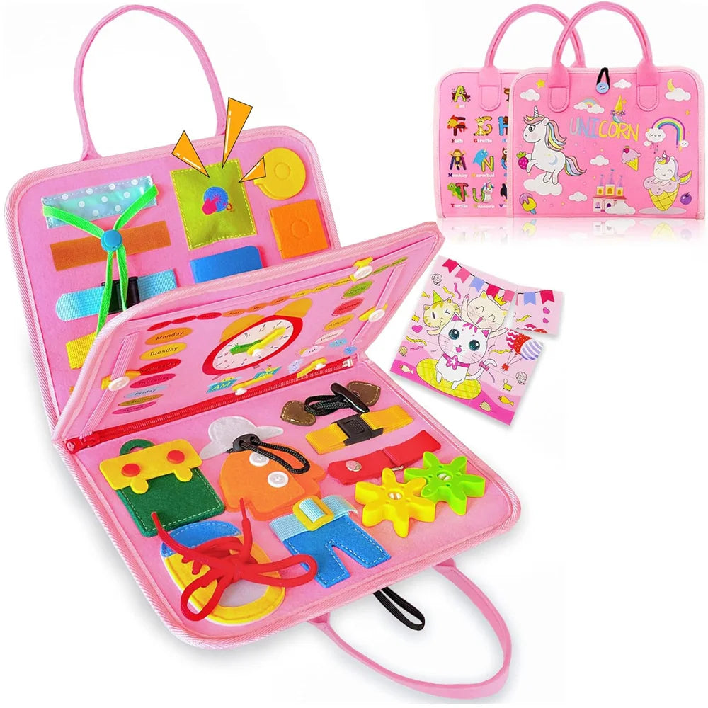 Montessori Dinosaur Busy Board - Sensory Learning Backpack Toy for Toddlers Life Skills Training and Educational Travel Activities