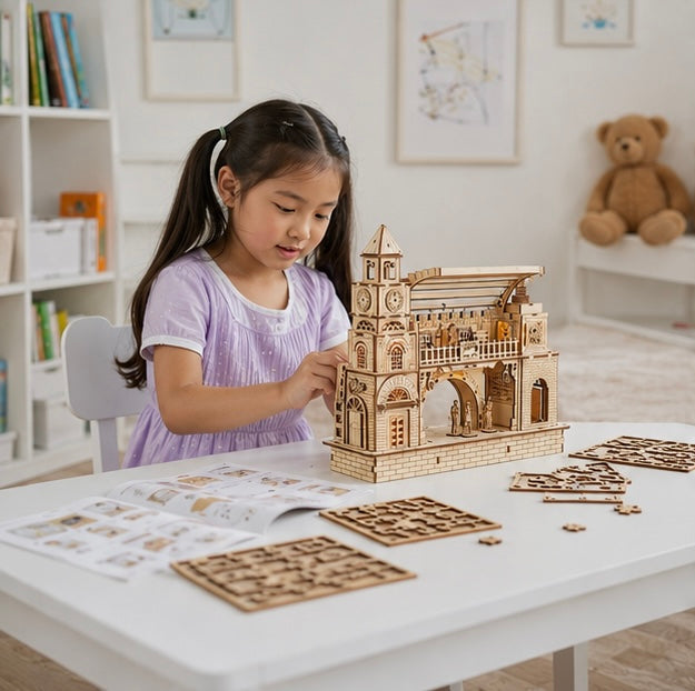 Railway Station Wooden Puzzle Kit- 3D DIY Construction Model Craft for Adults Kids, Unique Holiday Gift and Decorative Display