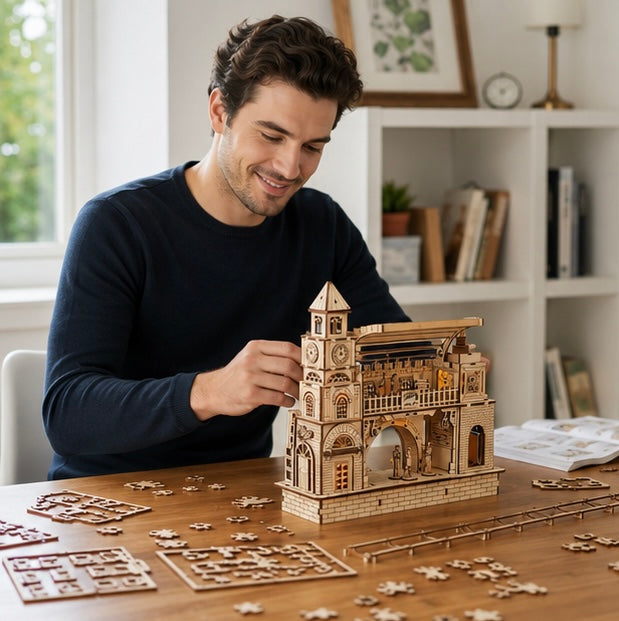 Railway Station Wooden Puzzle Kit- 3D DIY Construction Model Craft for Adults Kids, Unique Holiday Gift and Decorative Display