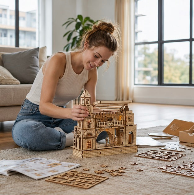 Railway Station Wooden Puzzle Kit- 3D DIY Construction Model Craft for Adults Kids, Unique Holiday Gift and Decorative Display