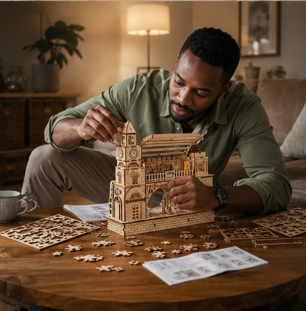 Railway Station Wooden Puzzle Kit- 3D DIY Construction Model Craft for Adults Kids, Unique Holiday Gift and Decorative Display