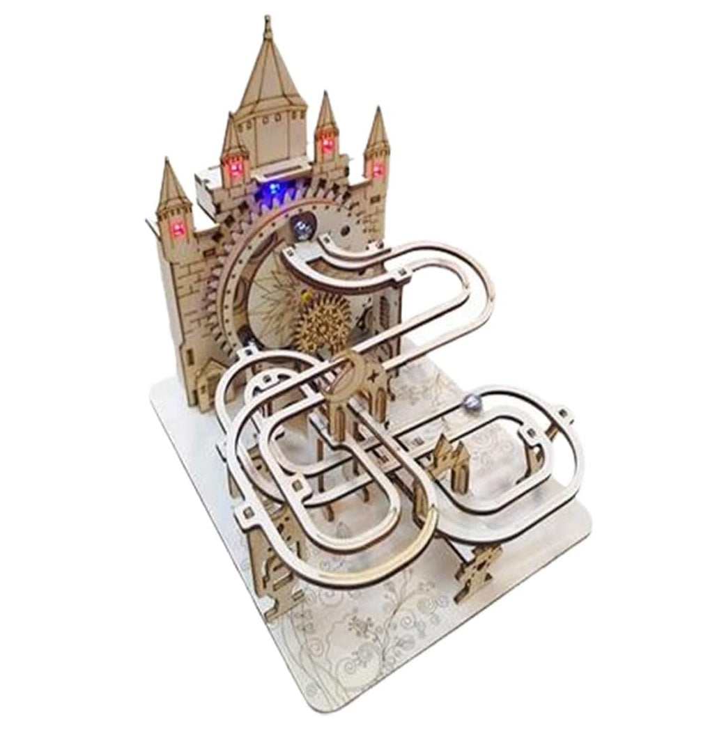 Mechanical Electric Marble Run Wooden Puzzle Kit – DIY Track Model with LED Lights Brain Teaser Gift for Kids and Adults