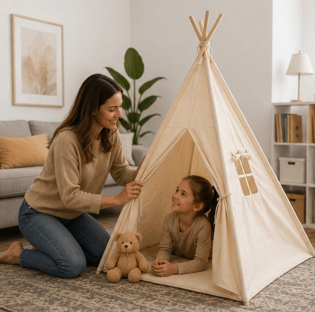 Portable Kids Teepee Play Tent - Large Canvas Wigwam Playhouse for Indoor Adventures, Reading Nooks and Bedroom Decoration