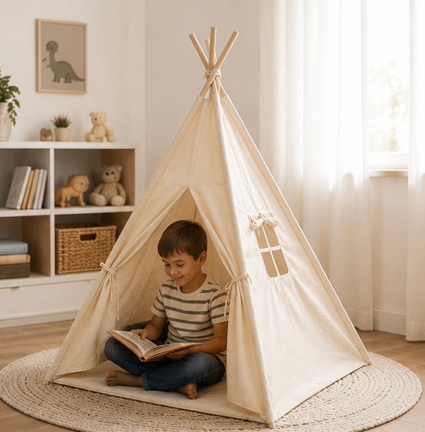 Portable Kids Teepee Play Tent - Large Canvas Wigwam Playhouse for Indoor Adventures, Reading Nooks and Bedroom Decoration