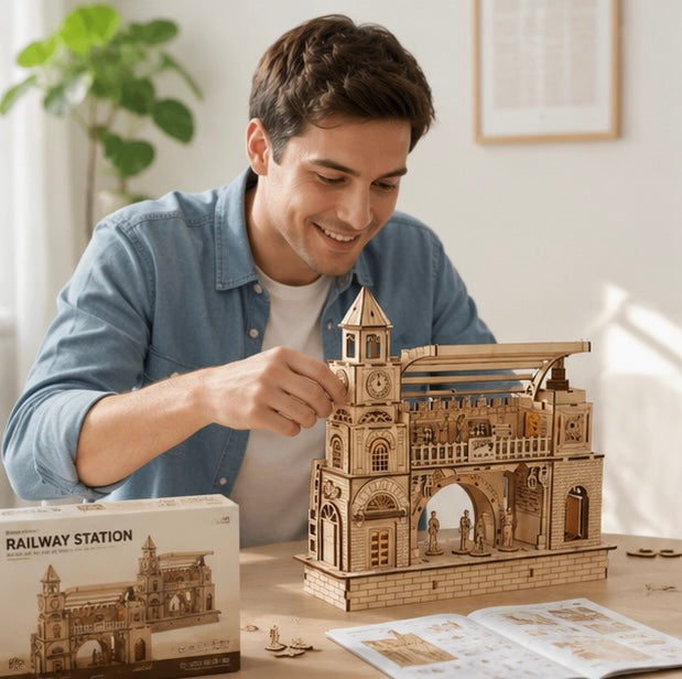 Railway Station Wooden Puzzle Kit- 3D DIY Construction Model Craft for Adults Kids, Unique Holiday Gift and Decorative Display