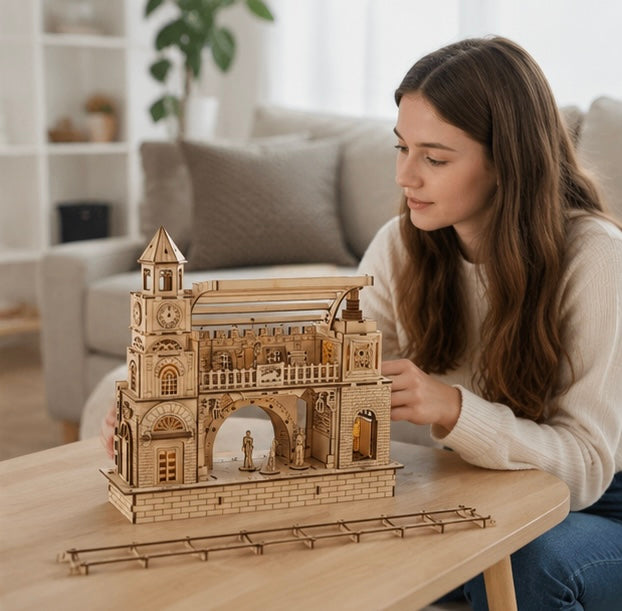 Railway Station Wooden Puzzle Kit- 3D DIY Construction Model Craft for Adults Kids, Unique Holiday Gift and Decorative Display