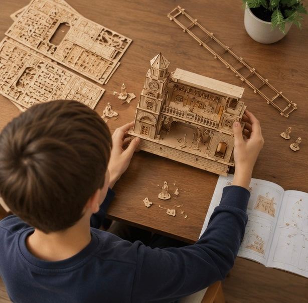 Railway Station Wooden Puzzle Kit- 3D DIY Construction Model Craft for Adults Kids, Unique Holiday Gift and Decorative Display