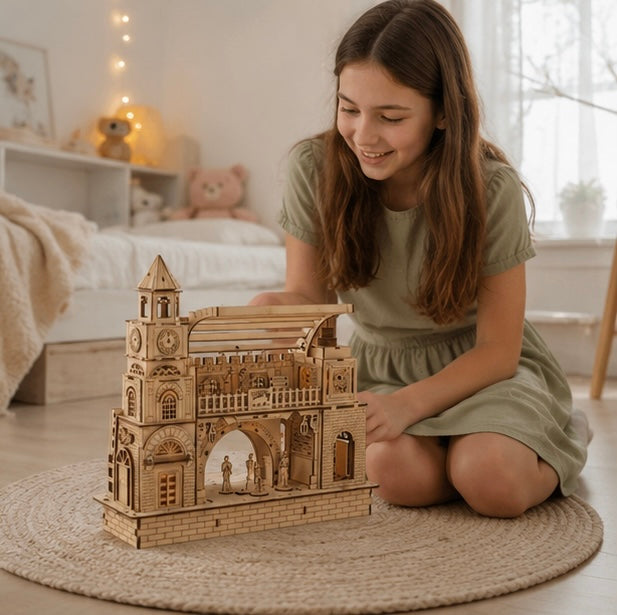 Railway Station Wooden Puzzle Kit- 3D DIY Construction Model Craft for Adults Kids, Unique Holiday Gift and Decorative Display