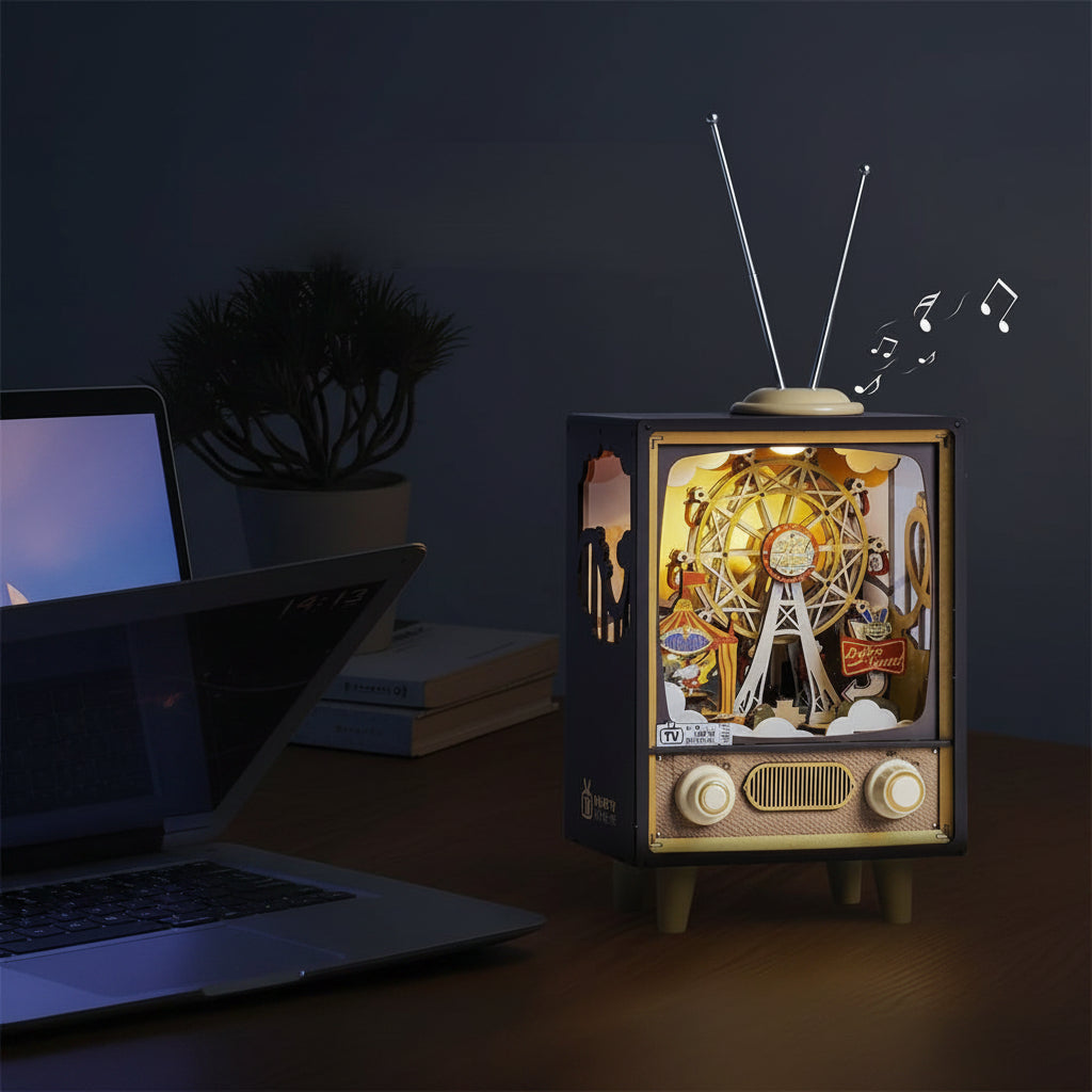 Wooden Music Box Puzzle -3D Sunset Carnival Model Kit with Lights, Creative DIY Gift for Kids and Home Decoration