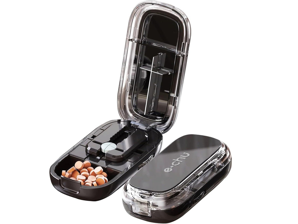 Compact Pill Cutter & Storage Box – Dustproof Tablet Organizer with Divider for Travel, Medicine & Daily Use