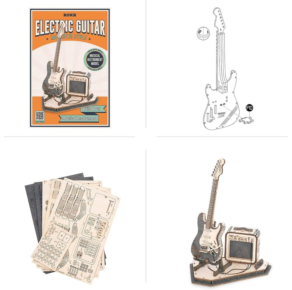 Electric Guitar 3D Wooden Puzzle Set – Creative DIY Assembly Building Blocks for Kids and Adults, Perfect Christmas Gift