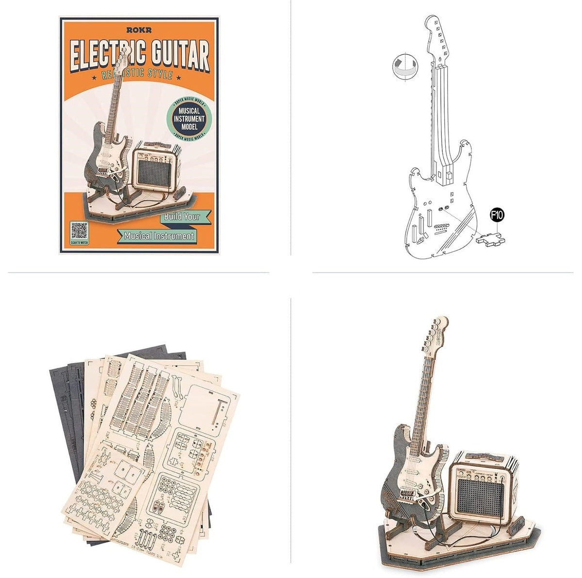 Electric Guitar 3D Wooden Puzzle Set – Creative DIY Assembly Building Blocks for Kids and Adults, Perfect Christmas Gift