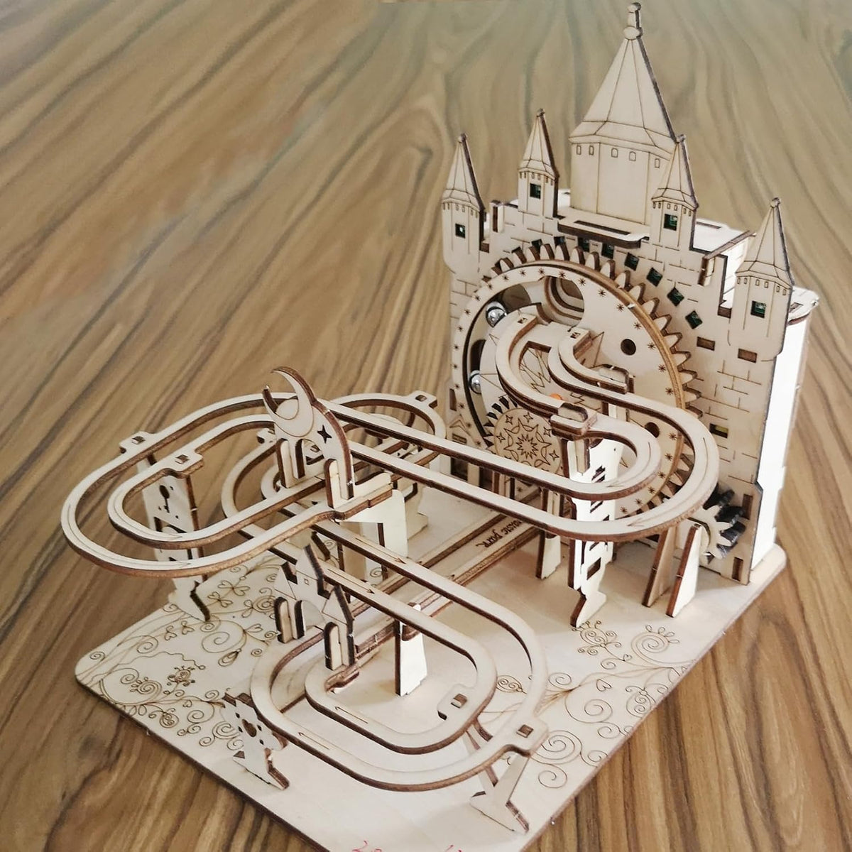Mechanical Electric Marble Run Wooden Puzzle Kit – DIY Track Model with LED Lights Brain Teaser Gift for Kids and Adults