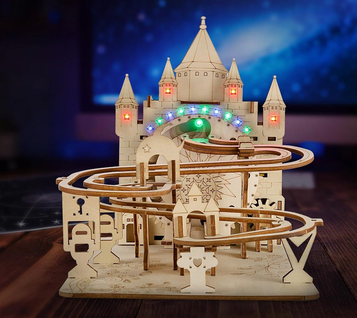 Mechanical Electric Marble Run Wooden Puzzle Kit – DIY Track Model with LED Lights Brain Teaser Gift for Kids and Adults