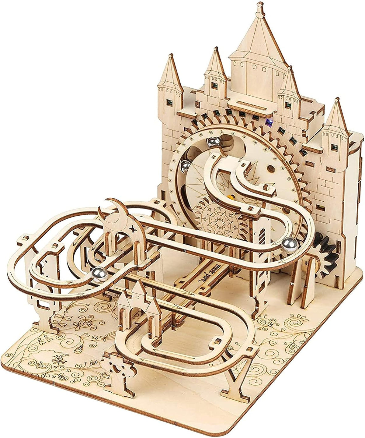 Mechanical Electric Marble Run Wooden Puzzle Kit – DIY Track Model with LED Lights Brain Teaser Gift for Kids and Adults
