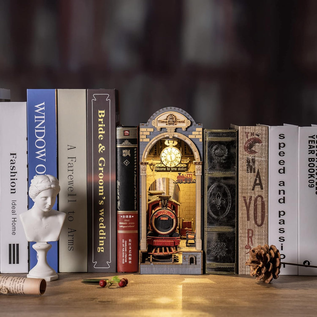 DIY Wooden Book Nook Time Travel Kit – 3D Puzzle Bookshelf Insert Decor for Readers and Creative Collectors