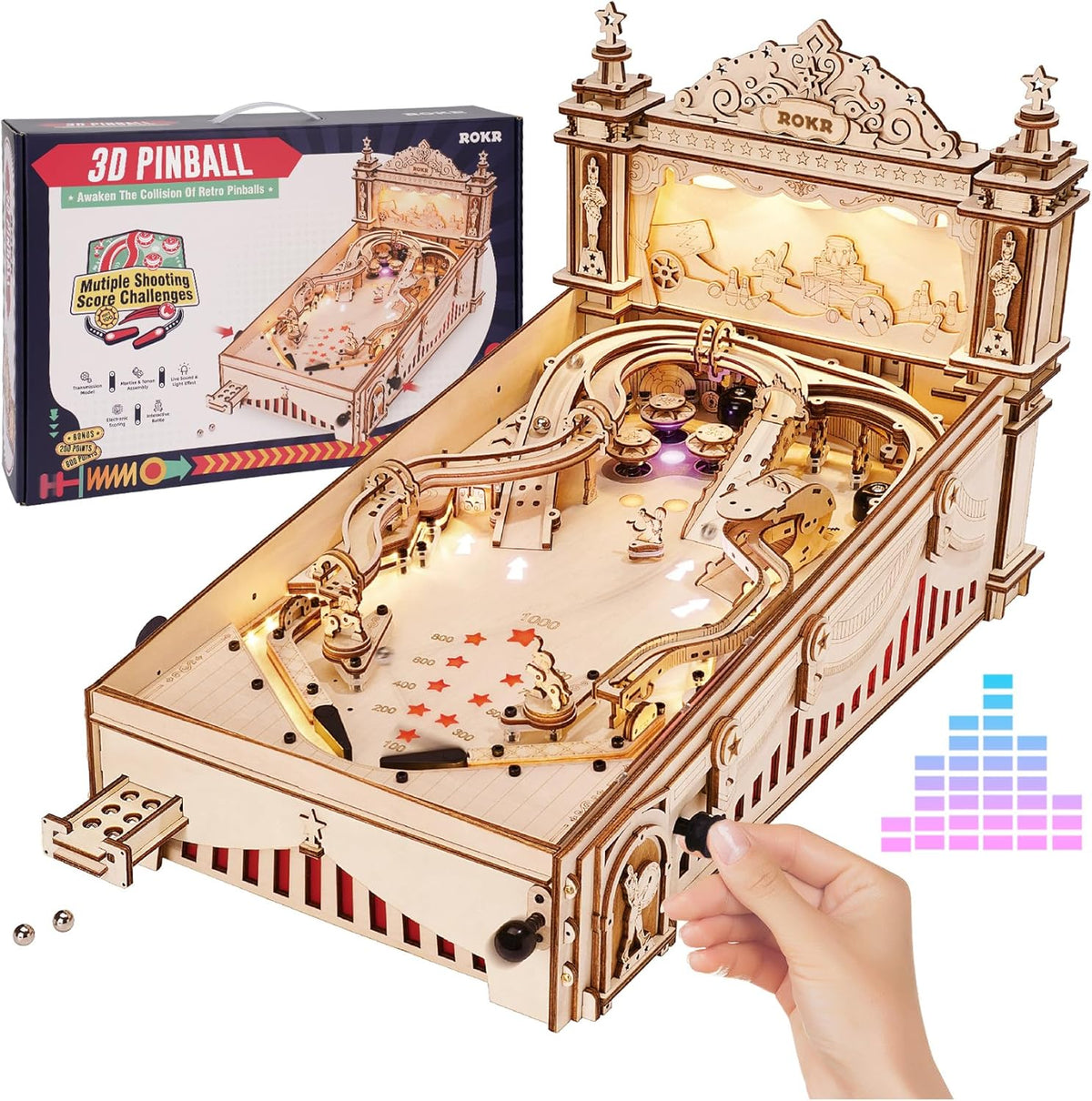 Vintage Style Wooden Pinball Machine – 3D DIY Puzzle Game for Kids, Adults and Family Party Entertainment