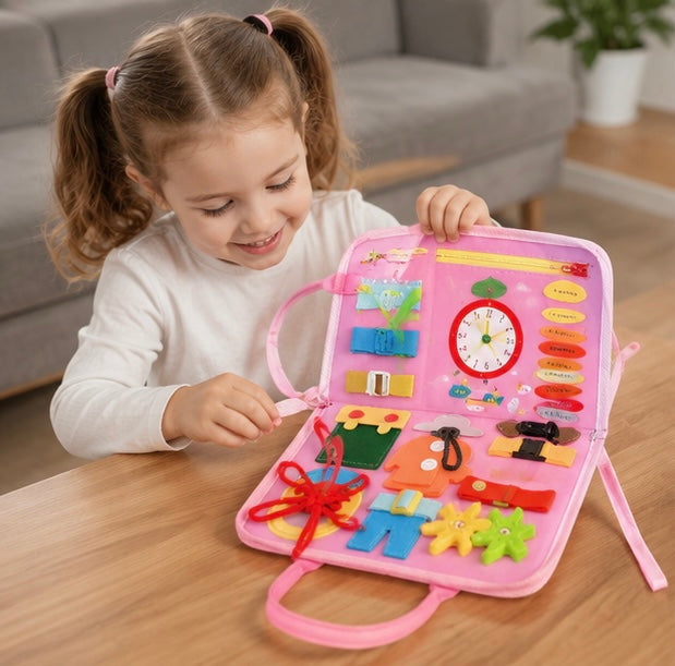 Montessori Dinosaur Busy Board - Sensory Learning Backpack Toy for Toddlers Life Skills Training and Educational Travel Activities