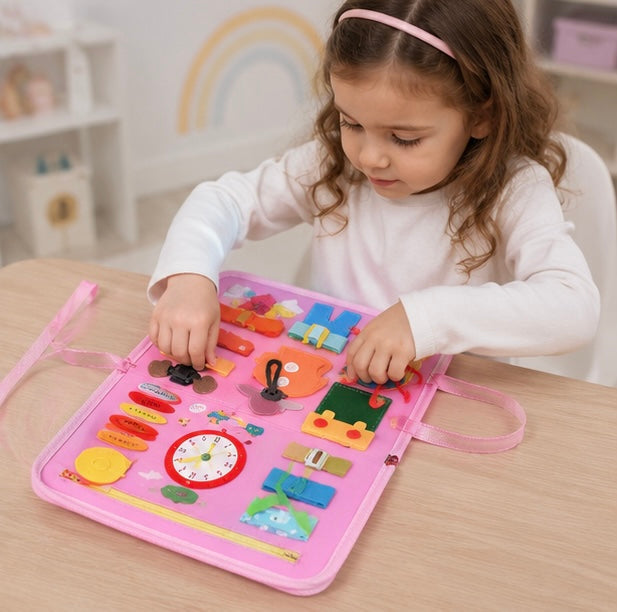 Montessori Dinosaur Busy Board - Sensory Learning Backpack Toy for Toddlers Life Skills Training and Educational Travel Activities