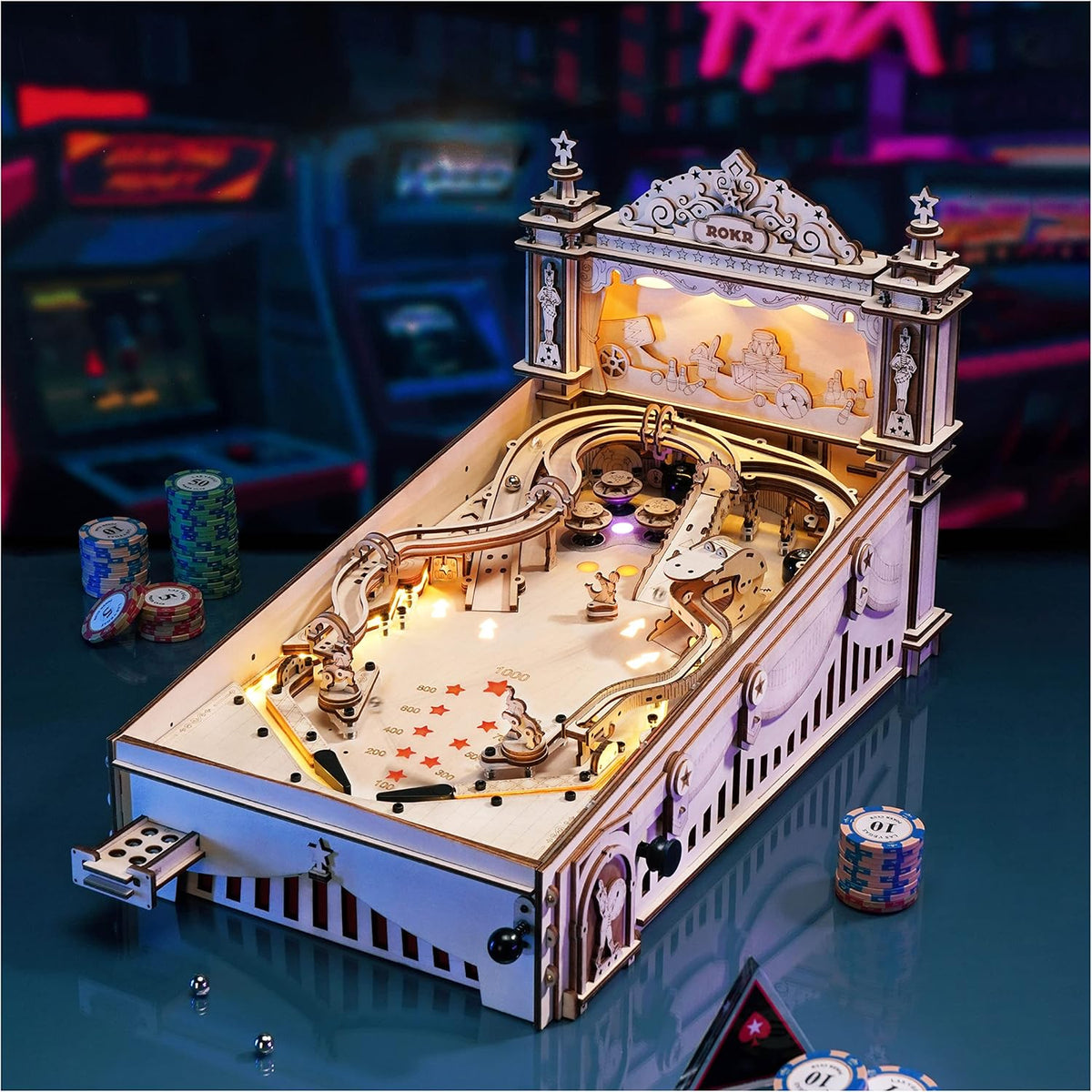 Vintage Style Wooden Pinball Machine – 3D DIY Puzzle Game for Kids, Adults and Family Party Entertainment