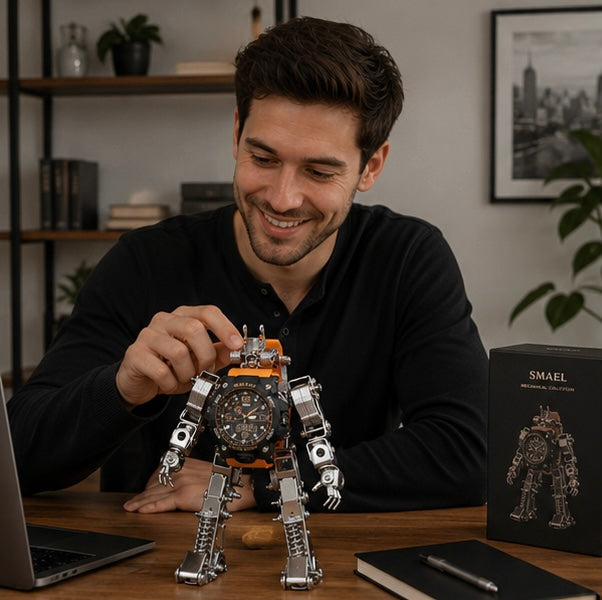 Mechanical Metal Watch Stand Model - 3D DIY Robot Building Kit for Creative Desktop Decoration and Unique Birthday Gift Display