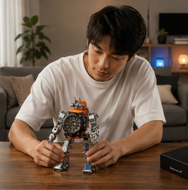 Mechanical Metal Watch Stand Model - 3D DIY Robot Building Kit for Creative Desktop Decoration and Unique Birthday Gift Display