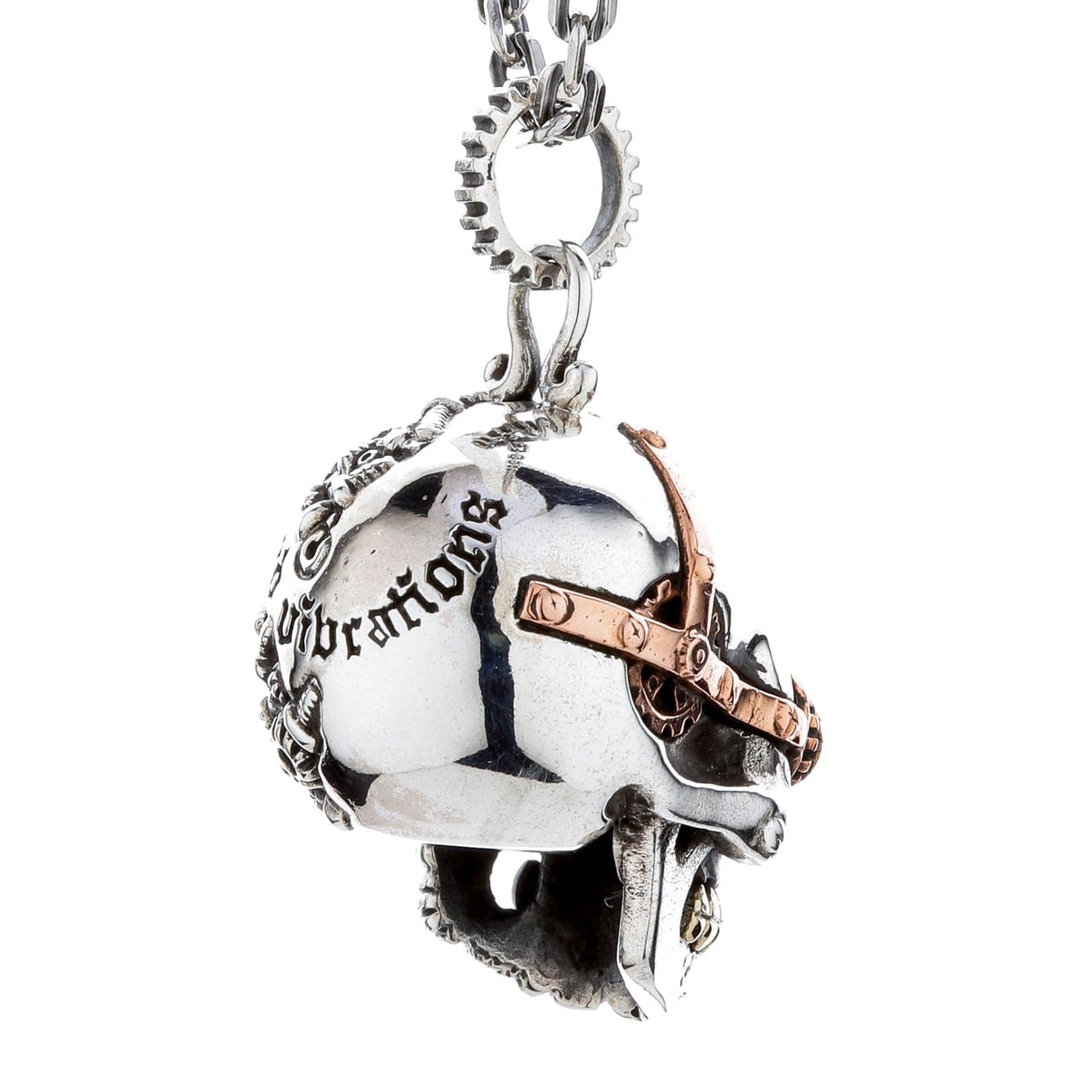 Steampunk Skull Pendant — .925 Sterling Silver with Copper & Brass