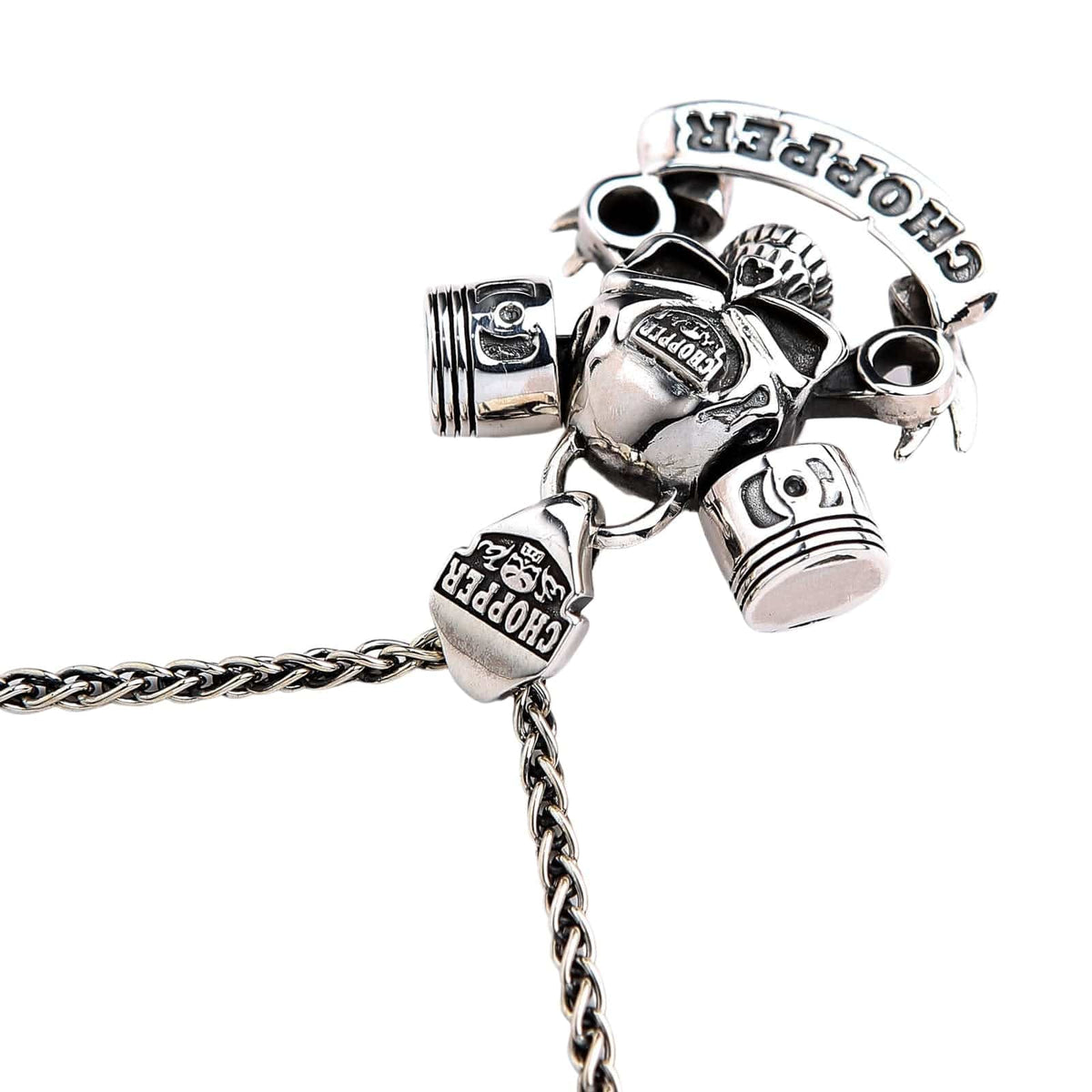 V-Twin Engine Pendant with Skull & Wrench — .925 Sterling Silver