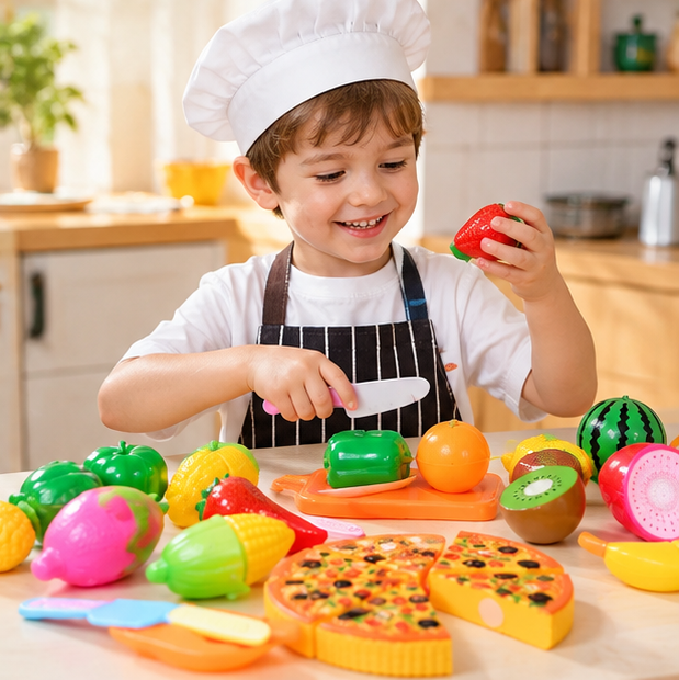 Kids Pretend Kitchen Food Set – Simulated Cutting Play Food Toys for Object Recognition, Role Play, Early Learning and Birthday Gifts