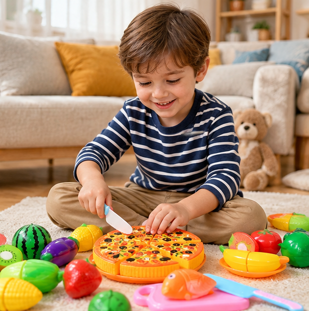 Kids Pretend Kitchen Food Set – Simulated Cutting Play Food Toys for Object Recognition, Role Play, Early Learning and Birthday Gifts