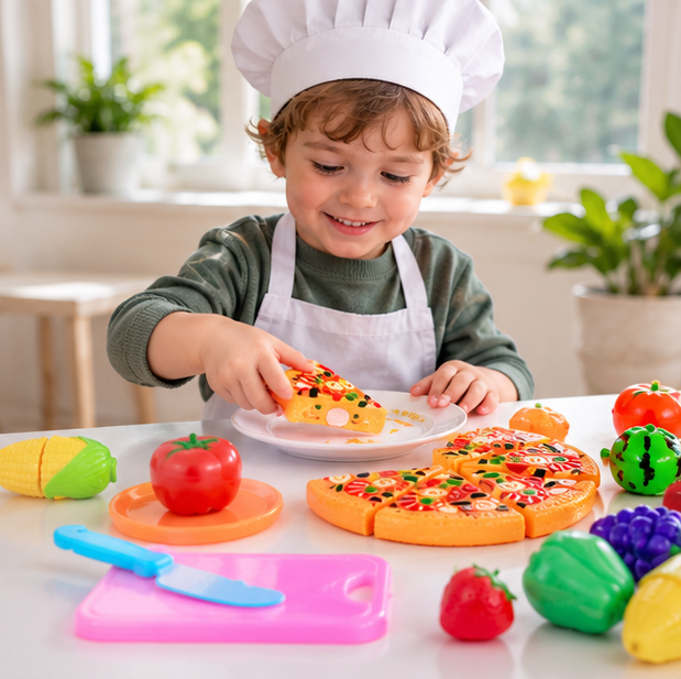 Kids Pretend Kitchen Food Set – Simulated Cutting Play Food Toys for Object Recognition, Role Play, Early Learning and Birthday Gifts