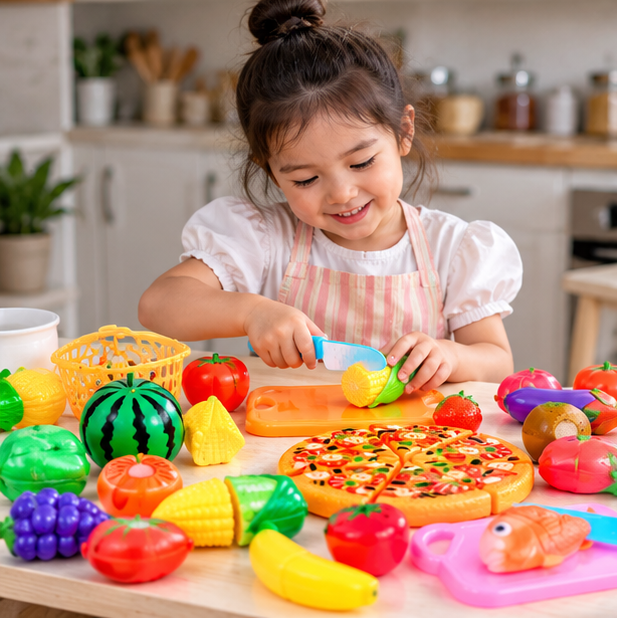 Kids Pretend Kitchen Food Set – Simulated Cutting Play Food Toys for Object Recognition, Role Play, Early Learning and Birthday Gifts