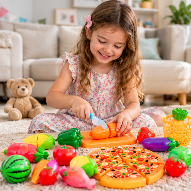 Kids Pretend Kitchen Food Set – Simulated Cutting Play Food Toys for Object Recognition, Role Play, Early Learning and Birthday Gifts