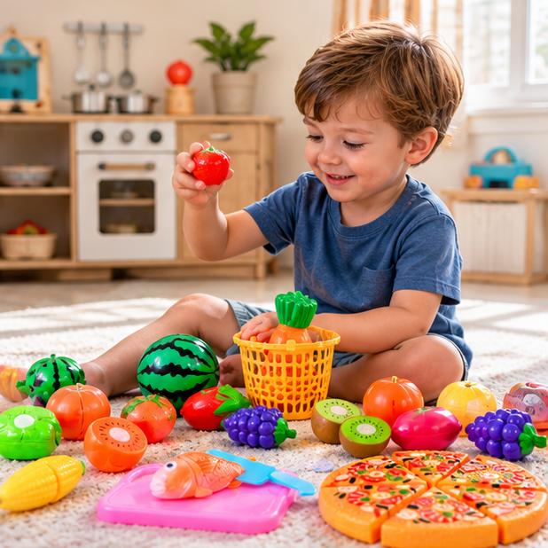 Kids Pretend Kitchen Food Set – Simulated Cutting Play Food Toys for Object Recognition, Role Play, Early Learning and Birthday Gifts