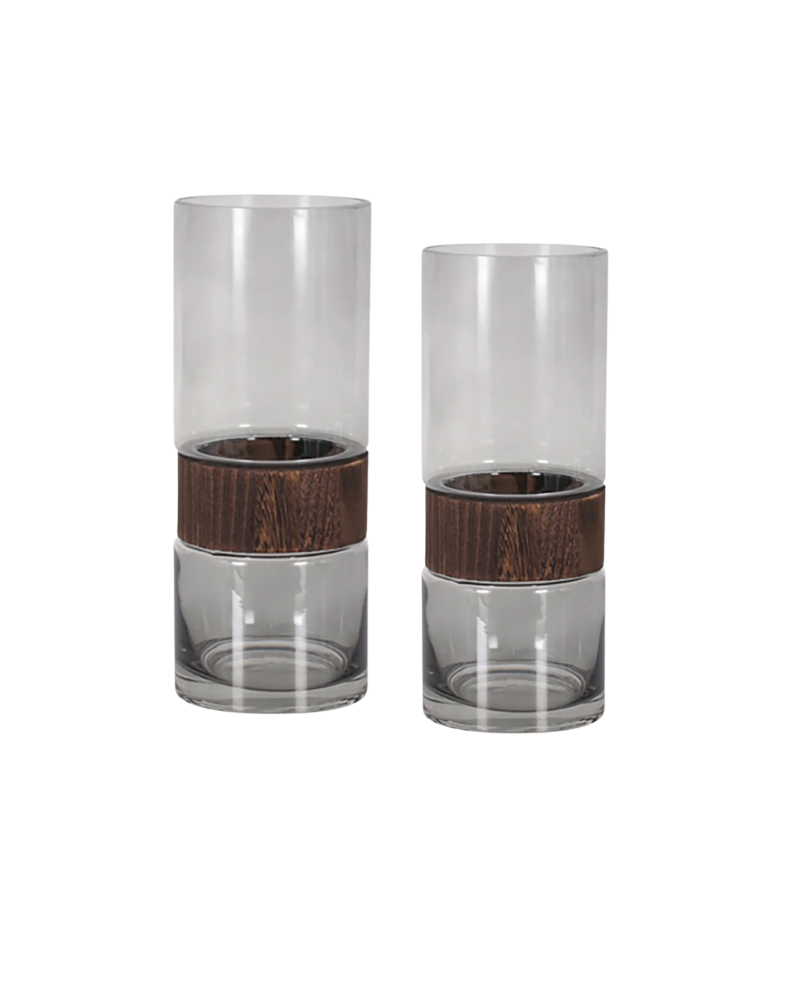 Cylinder Vase with Wood Band - Smoke