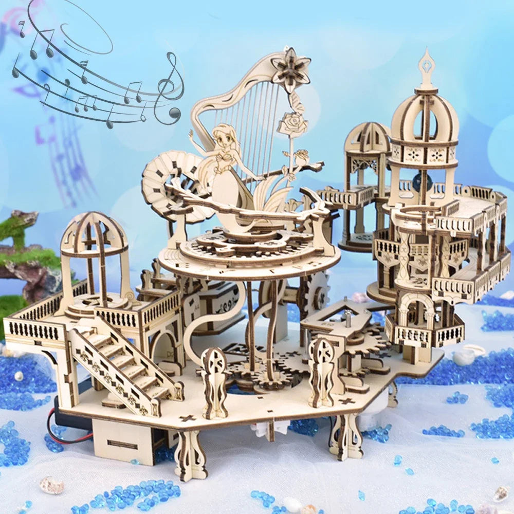 Wooden Puzzle Mystery Island Music Box – DIY 3D Assembly Model Kit with Light for Adults and Kids, Romantic Gift Idea