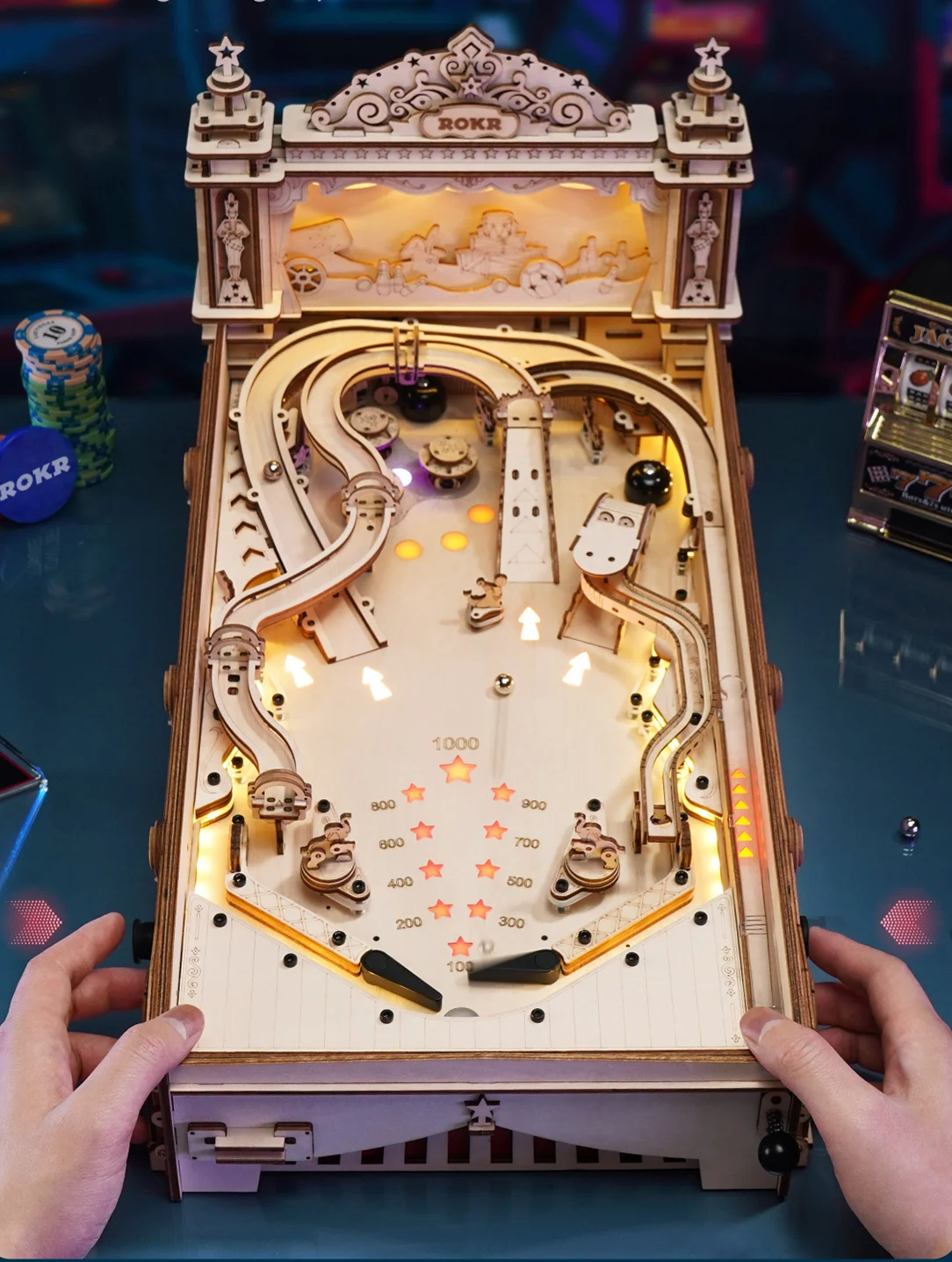 Vintage Style Wooden Pinball Machine – 3D DIY Puzzle Game for Kids, Adults and Family Party Entertainment