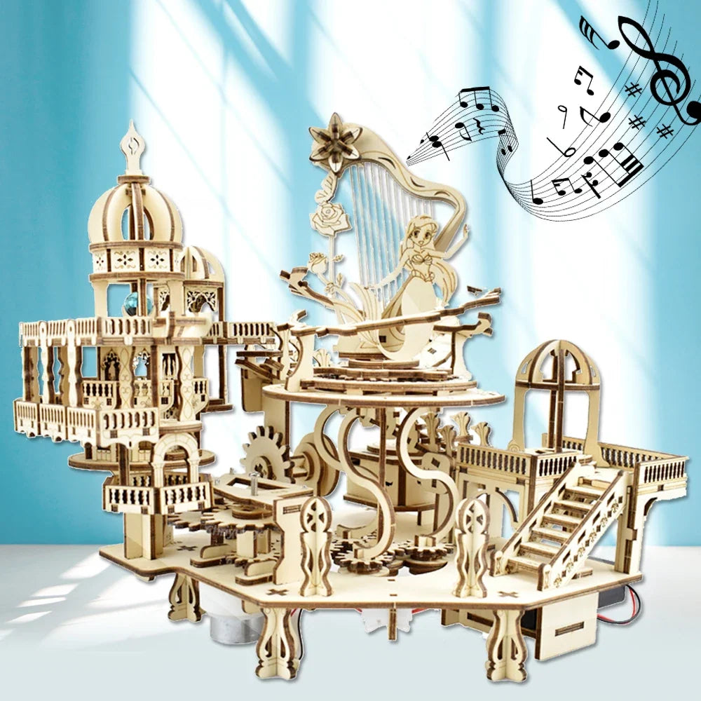 Wooden Puzzle Mystery Island Music Box – DIY 3D Assembly Model Kit with Light for Adults and Kids, Romantic Gift Idea