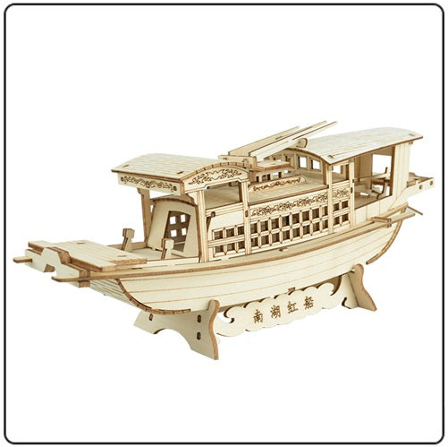 DIY South Lake Red Boat Wooden Puzzle – 3D Handmade Assembly Model Educational Toy Gift for Kids and Home Ornament Display