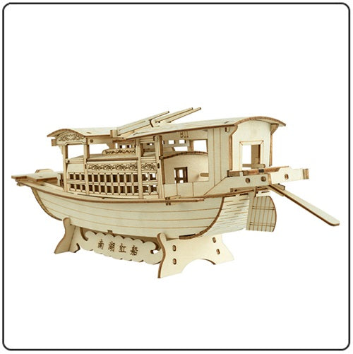 DIY South Lake Red Boat Wooden Puzzle – 3D Handmade Assembly Model Educational Toy Gift for Kids and Home Ornament Display