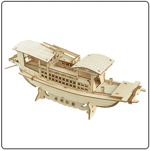 DIY South Lake Red Boat Wooden Puzzle – 3D Handmade Assembly Model Educational Toy Gift for Kids and Home Ornament Display