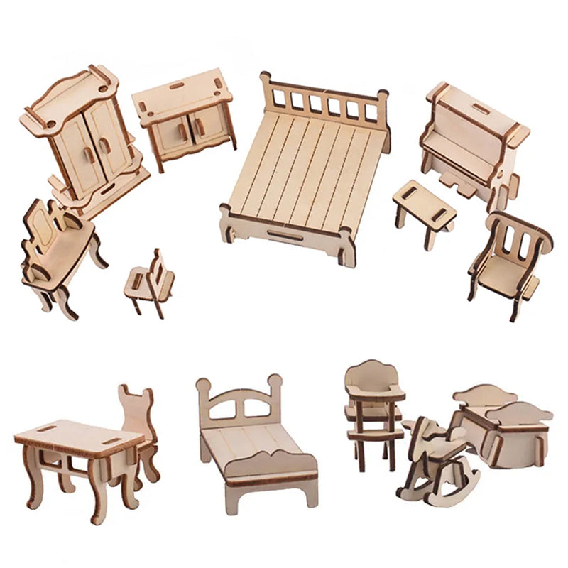 Miniature Villa Dollhouse 3D Puzzle – DIY Wooden Doll House Model with Furniture for Kids Pretend Play