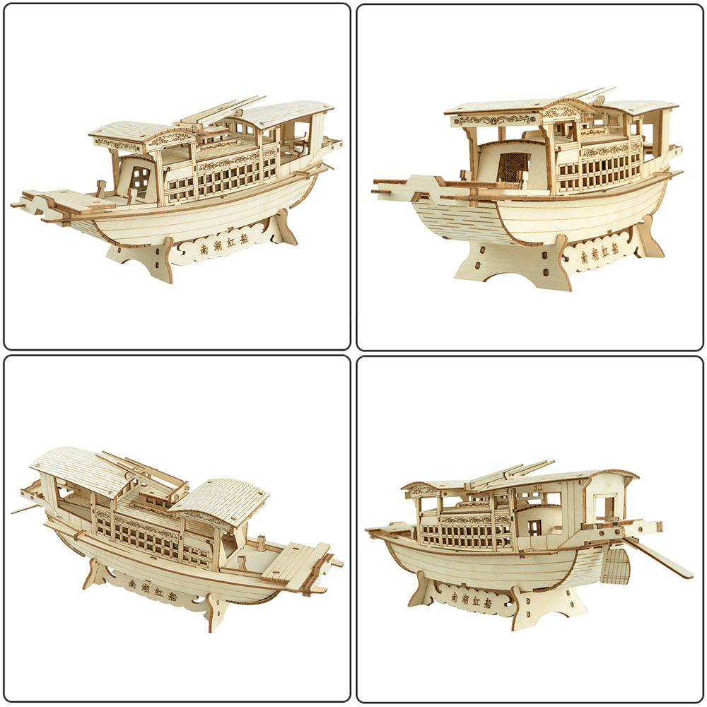 DIY South Lake Red Boat Wooden Puzzle – 3D Handmade Assembly Model Educational Toy Gift for Kids and Home Ornament Display