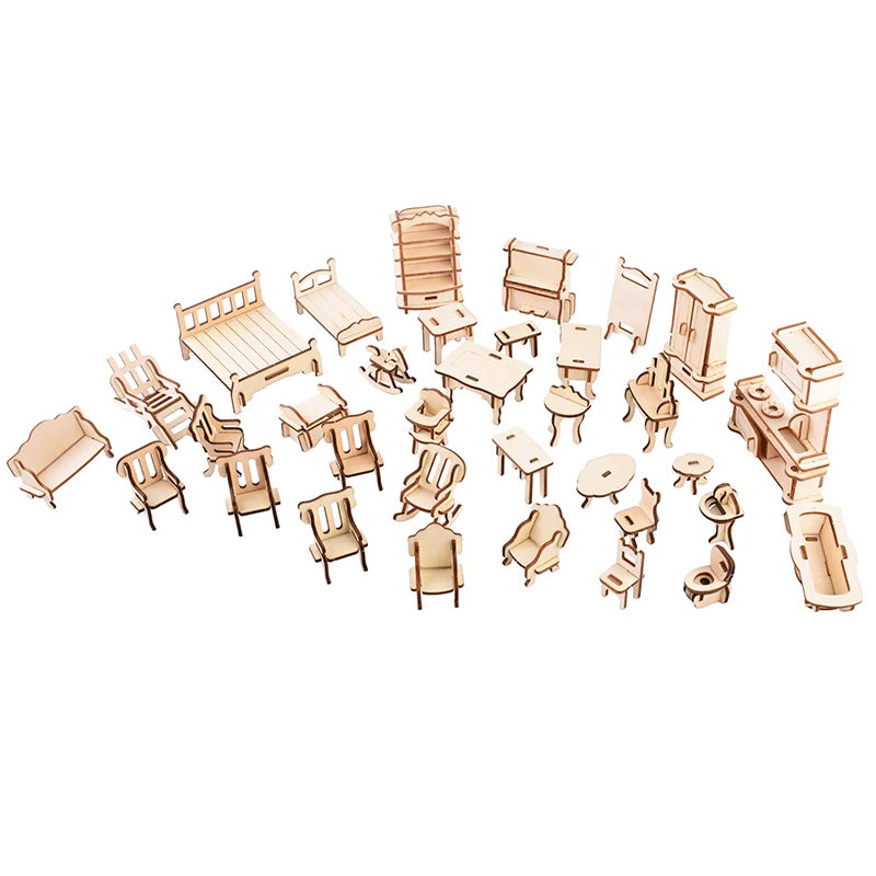 Miniature Villa Dollhouse 3D Puzzle – DIY Wooden Doll House Model with Furniture for Kids Pretend Play